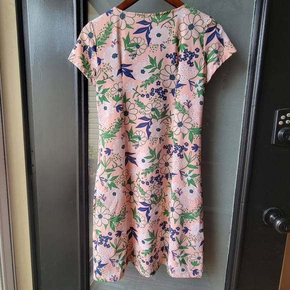 KATHERINE WAY Floral Mini Gold Dress Stretchy Short Sleeves XS Pockets Pink - Picture 7 of 11